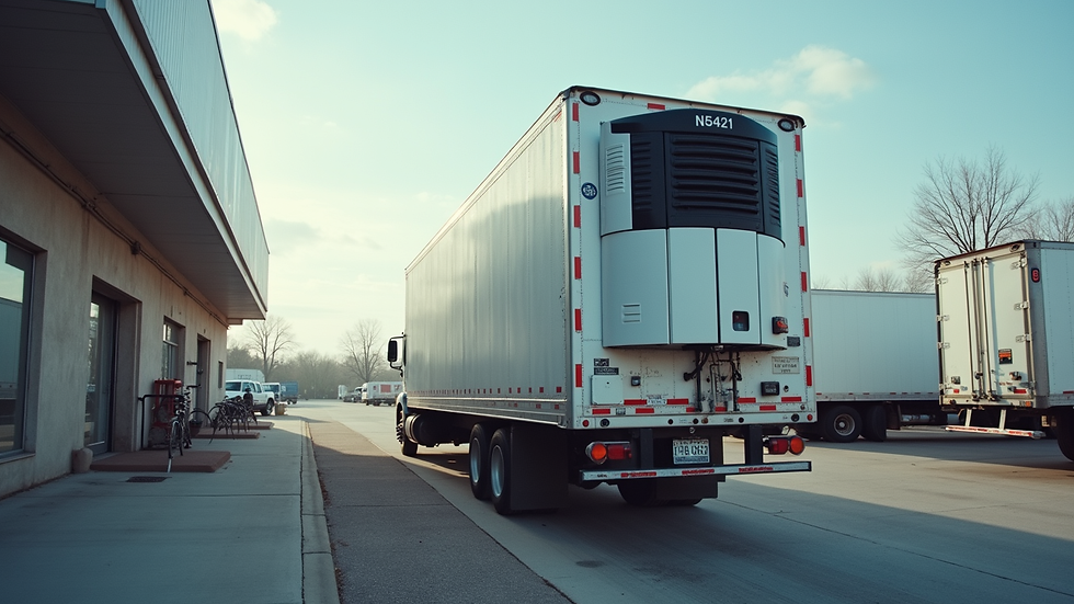 Eye-level view of refrigerated trailer parked at service center