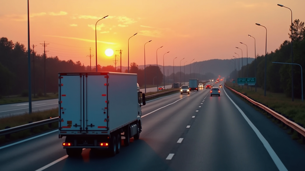 High angle view of refrigerated trailer on highway at dusk