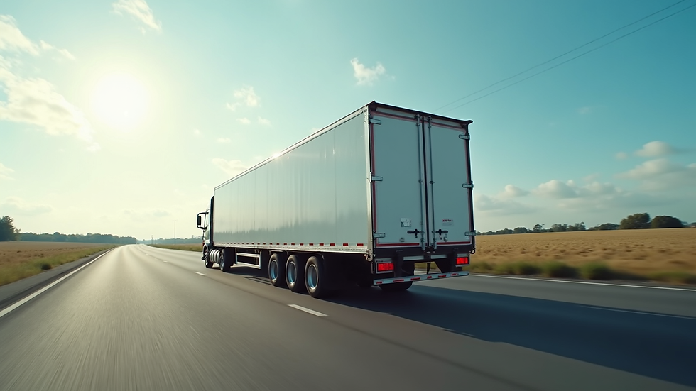 High angle view of a refrigerated trailer on the road with clear skies