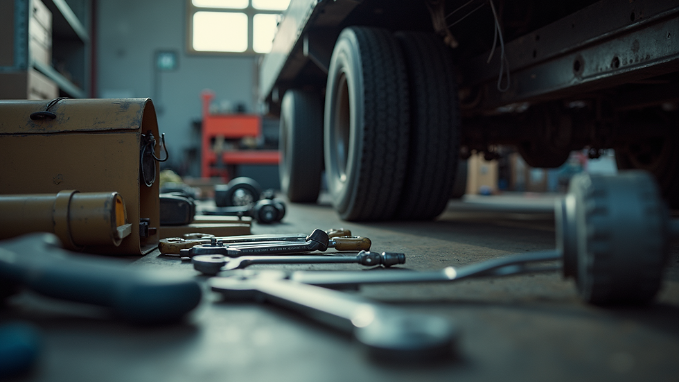 Eye-level view of a trailer axle repair workspace with tools laid out