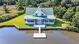 Drone aerial of waterfront home and dock, Georgetown real estate drone photography