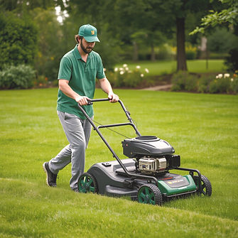 a man in green shirt nad grey pants with a green cap cutting grass in a walking mower .jpg