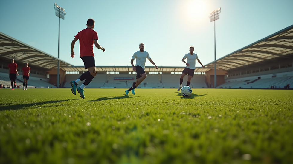 Eye-level view of a football pitch with players practicing drills