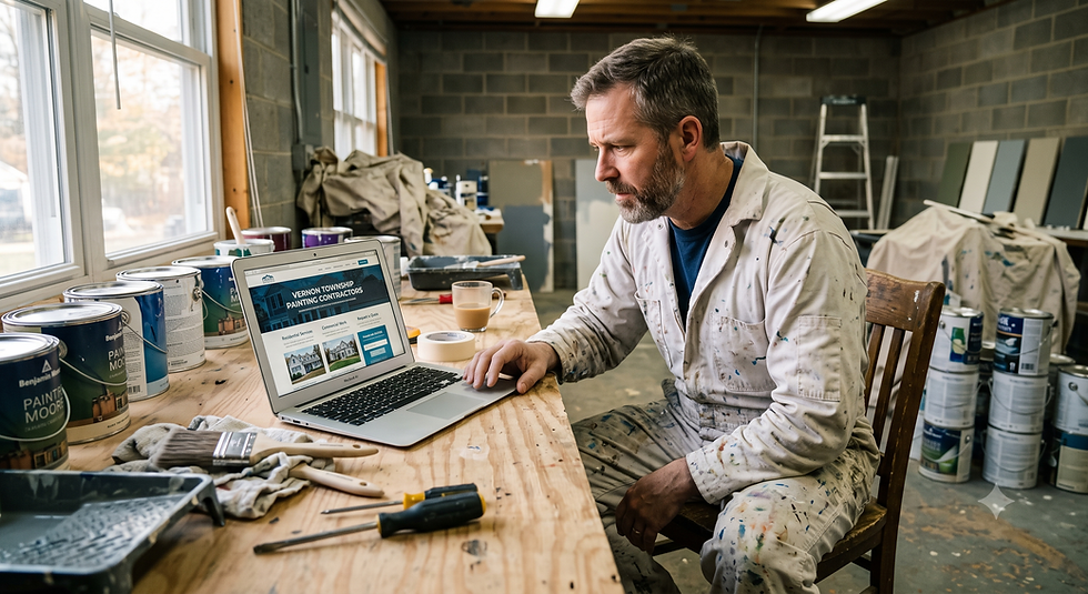 Contractor reviewing his business website on laptop, what a contractor website needs in New Jersey