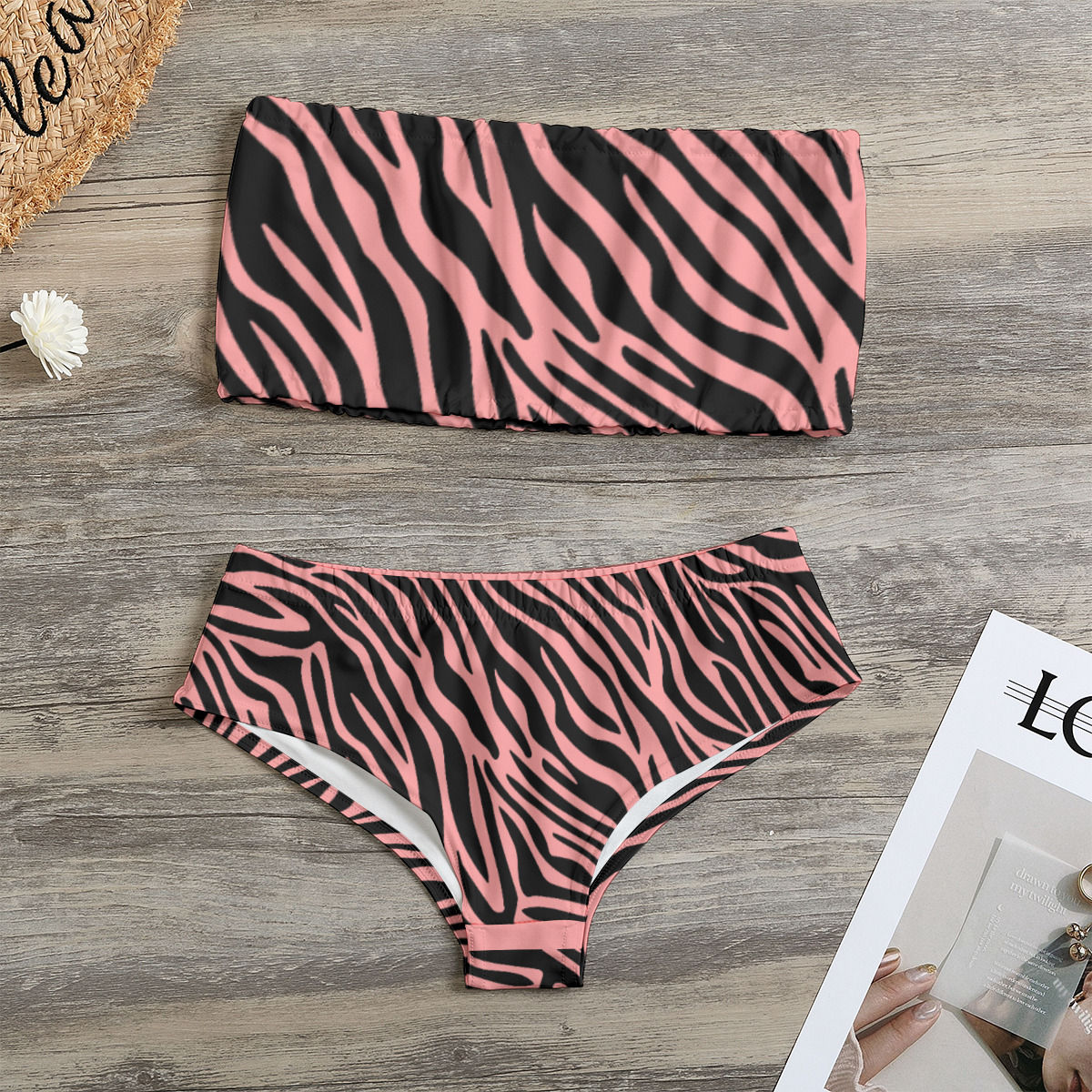 Womens Pink Tiger Print Design Tube top Strapless Bikini Swimsuit