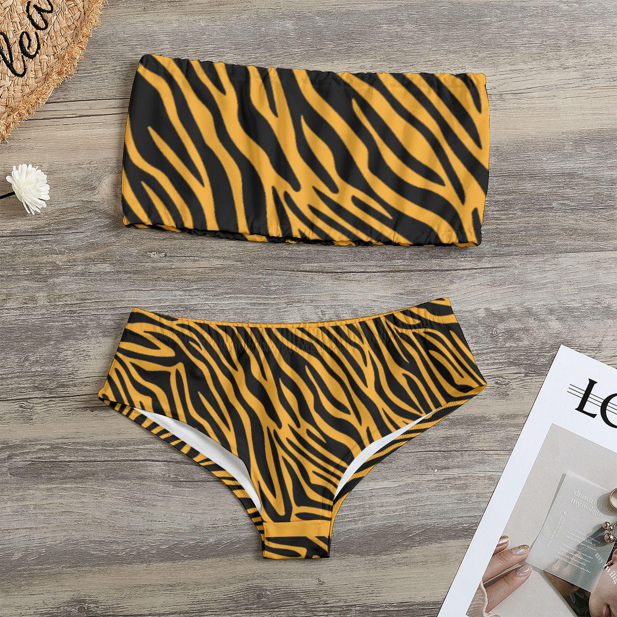 Womens Tiger Print Design Tubetop Strapless Bikini Swimsuit