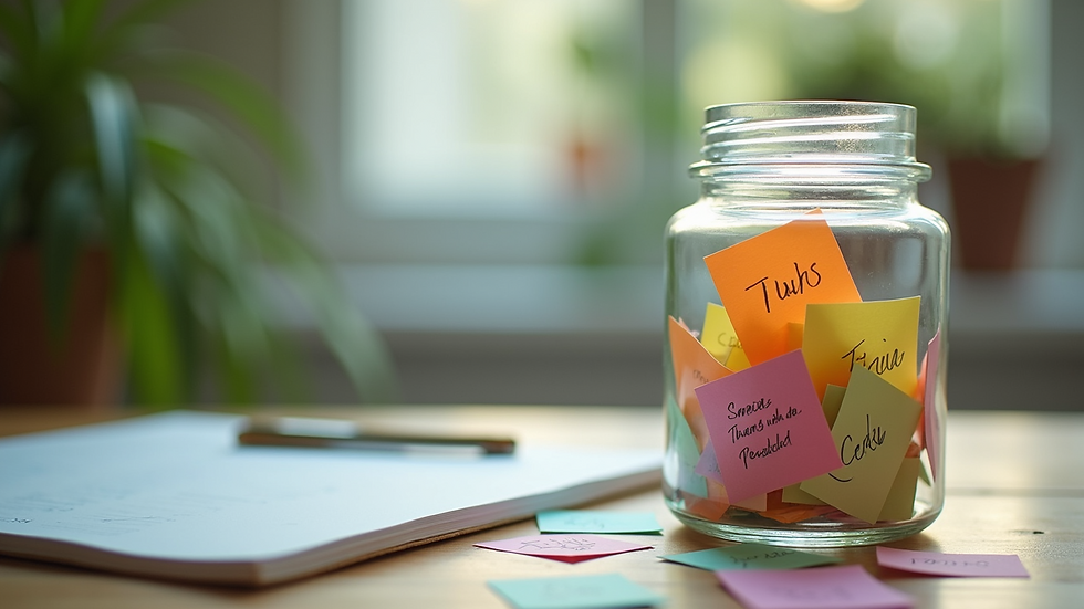 Close-up view of a glass jar filled with handwritten notes and colorful paper slips