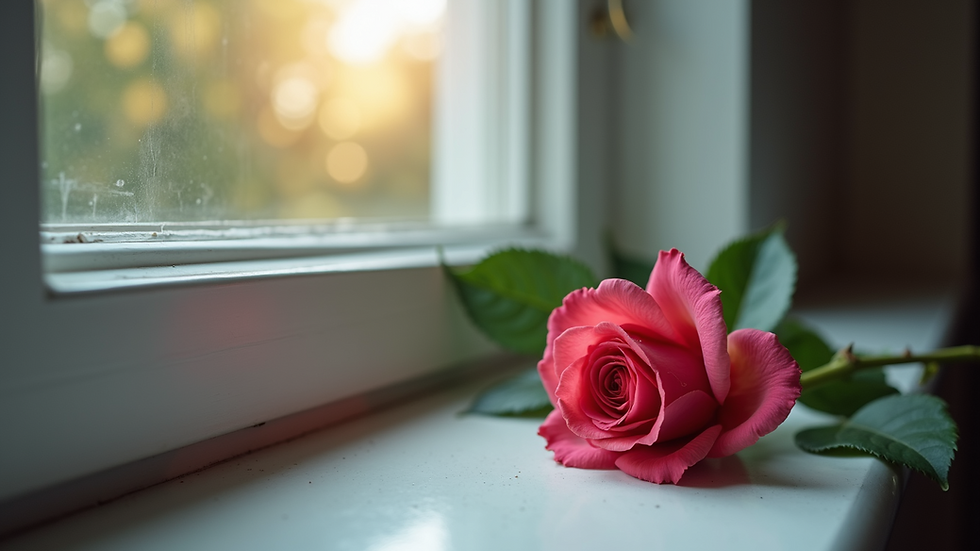 Eye-level view of a single blooming rose on a windowsill