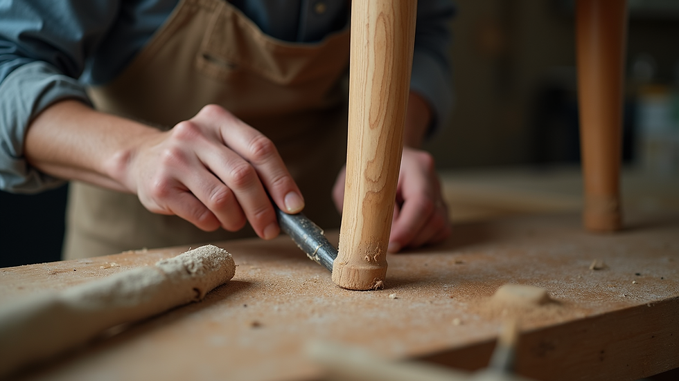Close-up view of a craftsman carving a wooden chair leg