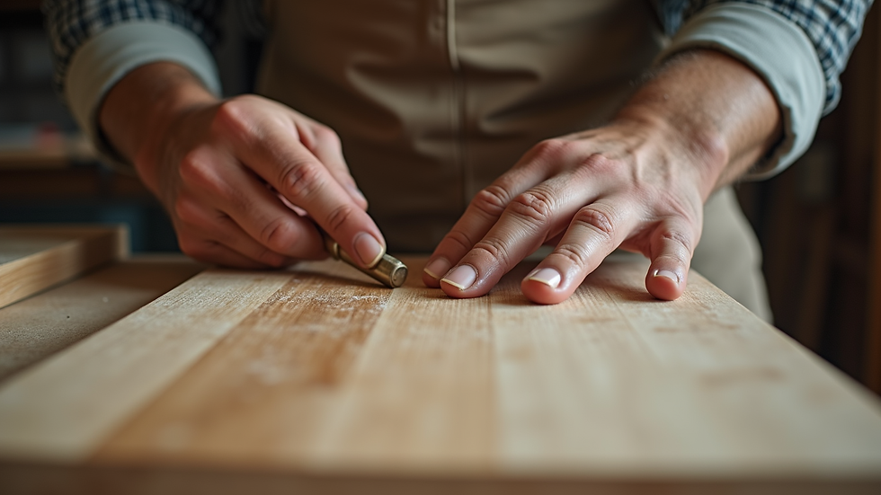 Close-up view of a carpenter crafting a wooden media unit