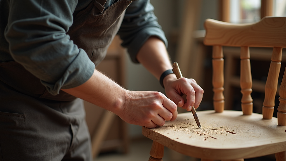 Close-up view of a craftsman carving intricate details on a wooden chair