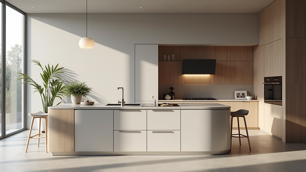 Eye-level view of modern bespoke kitchen island with minimalist design