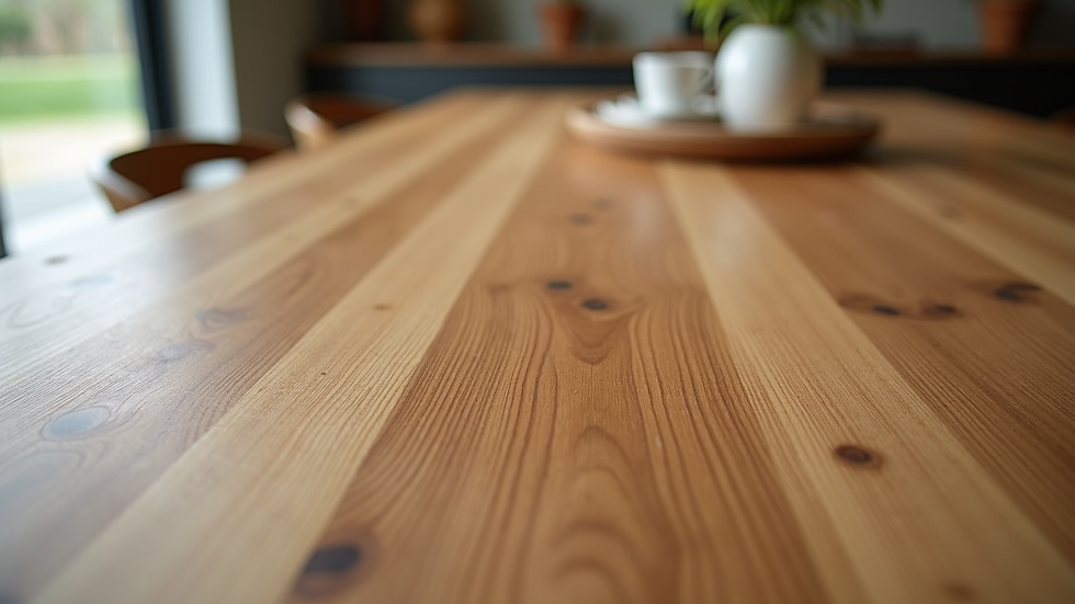 Close-up view of handcrafted oak dining table with natural wood grain