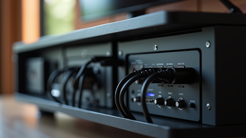 Close-up view of custom media unit with integrated cable management