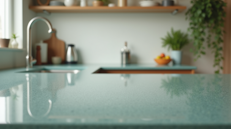 Eye-level view of kitchen countertop made from recycled glass