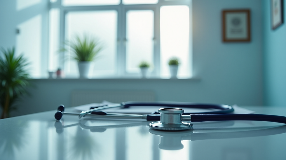 Eye-level view of a medical office with a stethoscope on the desk