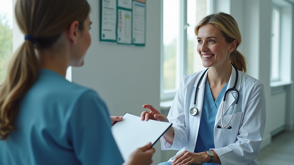 Eye-level view of a healthcare professional explaining health tips to a patient
