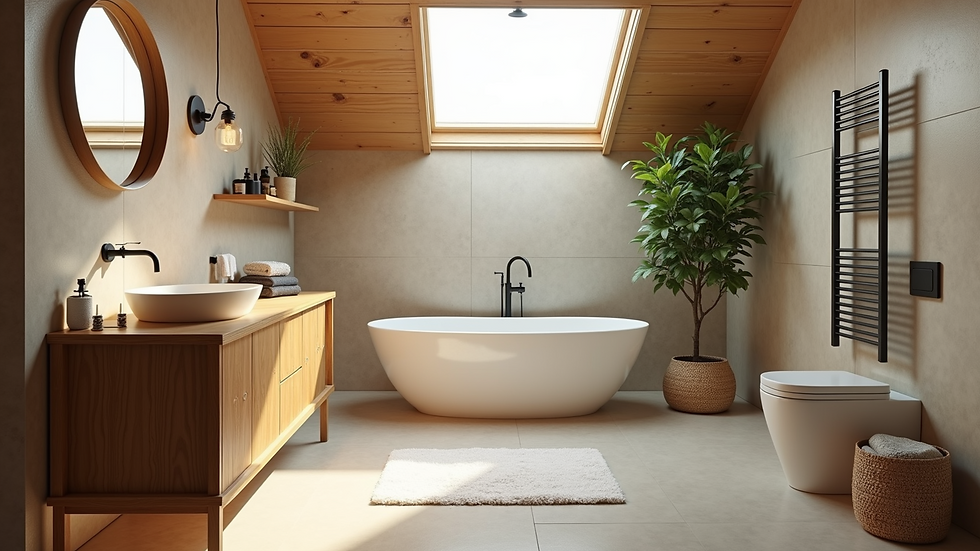 High angle view of eco-friendly bathroom with bamboo vanity and skylight