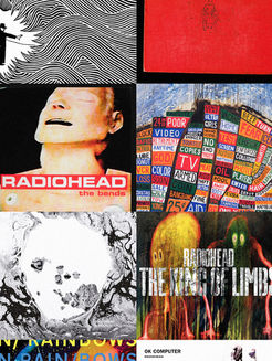 A collage of Radiohead's iconic album covers designed by Stanley Donwood.