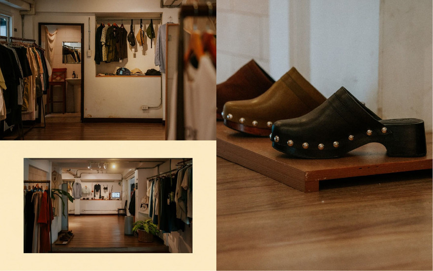 interior apparel hanging on wall mounted racks and clog shoes hide. apparel store bangkok 