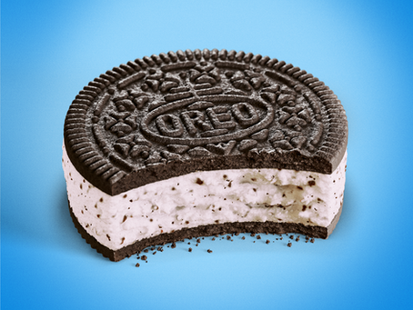 Photorealistic Oreo sandwich cookie CGI visualization for food marketing campaigns
