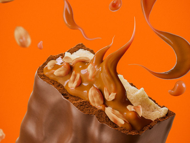 3D chocolate bar with peanuts and floating caramel | Snickers