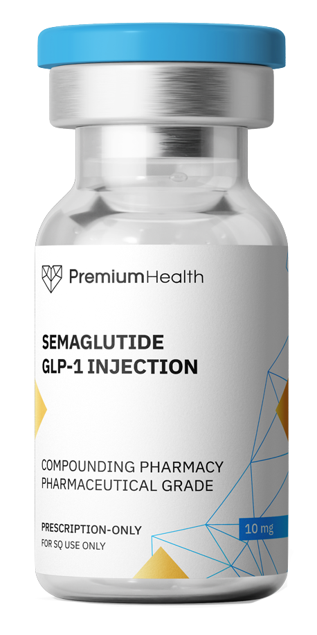 Small bottle of semaglutide GLP-1 injection from Premium Health, labeled for prescription-only use at a pharmaceutical grade and compounded by a pharmacy.