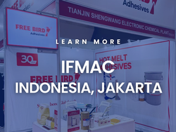 Free Bird Adhesives showcasing EVA and PUR hot melt adhesives at IFMAC WOODMAC 2025 in Jakarta, Indonesia, as a Chinese hot melt adhesive manufacturer for Indonesia.