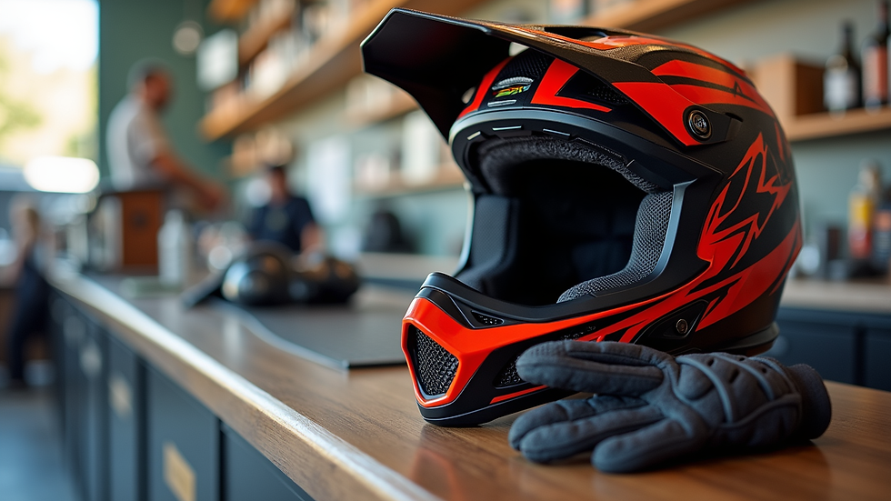 Close-up view of a dirt bike helmet and gloves on a rental counter