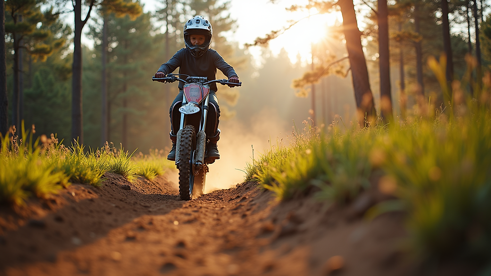Eye-level view of a beginner rider practicing dirt bike control on a dirt trail