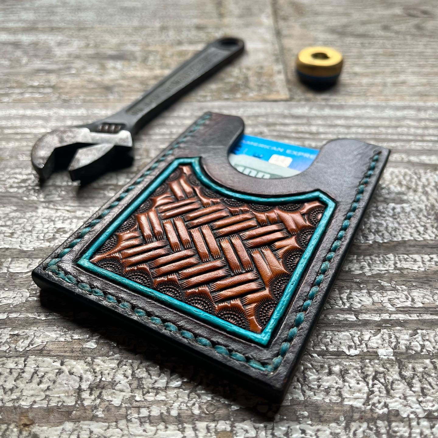 Tooled Card Wallet - Basket Weave & Turquoise