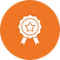 A orange circle with a white medal award in the center.
