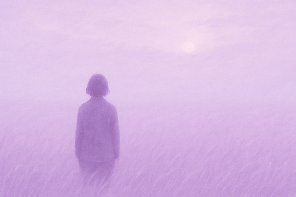 An illustration of a lone figure standing in a field, looking away from the camera. All in purple tones. 