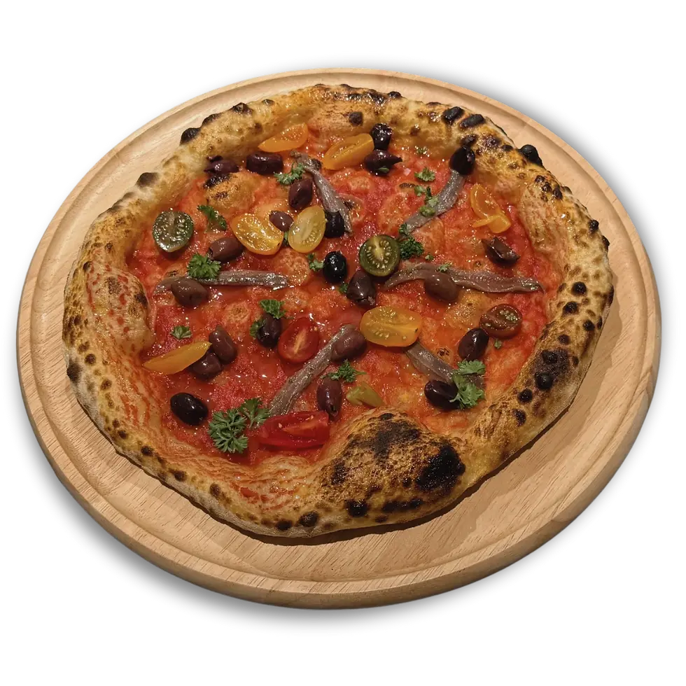 Crustopia-Pizza Sapore di Sale mit Sardellen, Leccino-Oliven und marinierten Cherrytomaten.