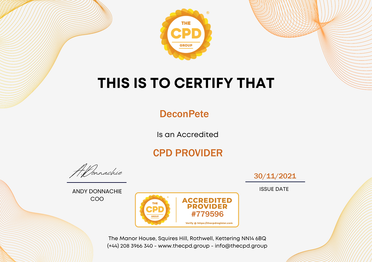 DeconPete CPD accreditation certificate from the CPD Group