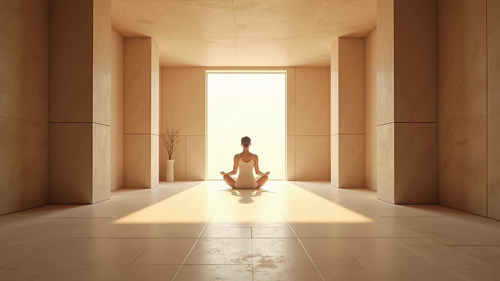 Eye-level view of a peaceful meditation room with soft lighting