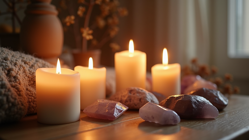 Close-up view of a serene meditation space with candles and crystals
