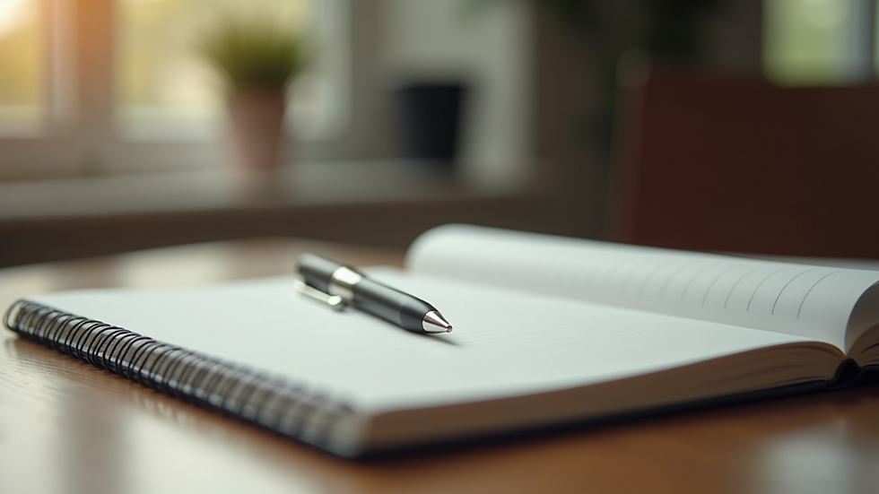 Close-up view of a notebook and pen on a wooden table, ready for session notes
