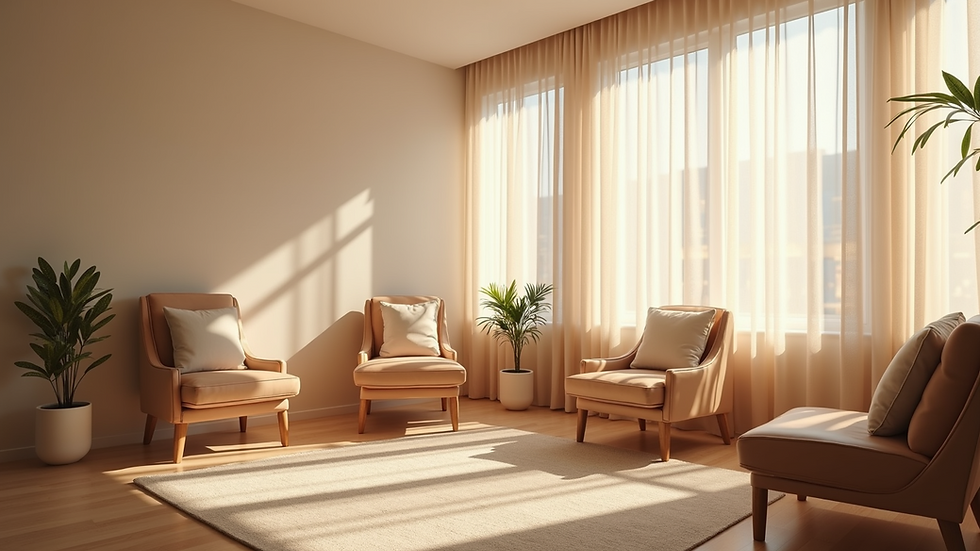 Eye-level view of a peaceful therapy room with soft lighting and comfortable chairs