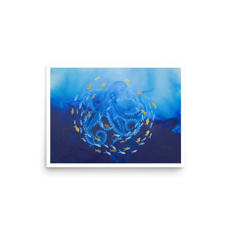 Ocean wall art featuring a blue octopus surrounded by golden and white fish, created using Marcia Aftimus' Flow Painting tech