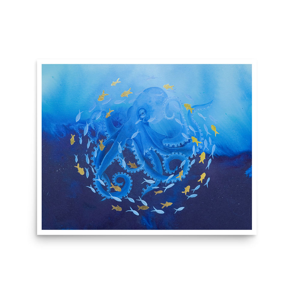 Ocean wall art featuring a blue octopus surrounded by golden and white fish, created using Marcia Aftimus' Flow Painting tech