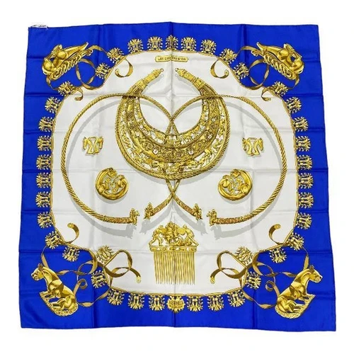 Hermes LES CAVALIERS D'OR 90 x 90cm Scarf Blue White Gold Silk