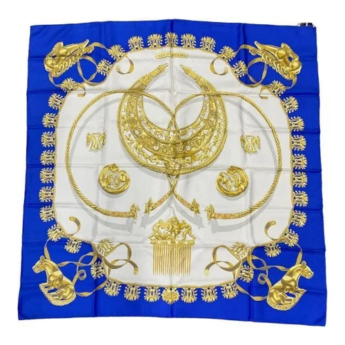 Hermes LES CAVALIERS D'OR 90 x 90cm Scarf Blue White Gold Silk