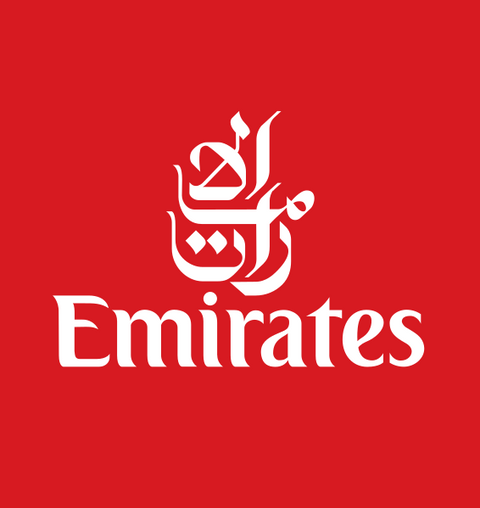 Emirates Airlines logo: white text and Arabic calligraphy on red
