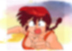 Close crop of female Ranma from Ranma 1/2 showing her face, braid, and orange swimsuit in a vivid vintage cel setup.