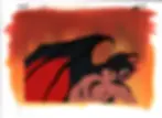 Full view of Devilman The Birth production cel with Devilman posed against a fiery non-matching color copy background
