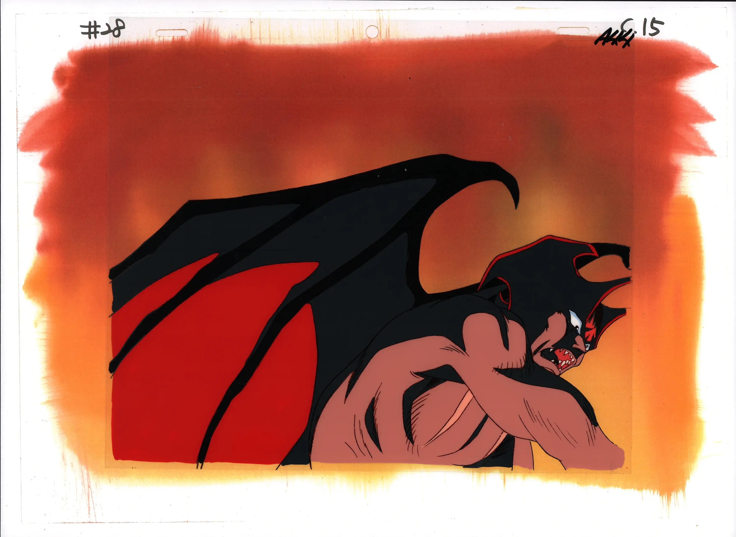 Full view of Devilman The Birth production cel with Devilman posed against a fiery non-matching color copy background