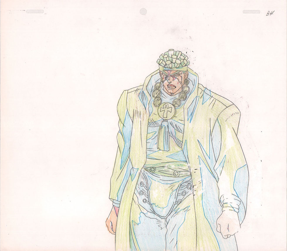Thumbnail: Production douga pencil of Avdol from the JoJo 1993 OVA standing in a stone archway with a desert background.