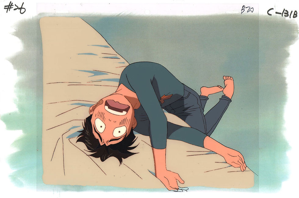Production cel of Kintaro from Golden Boy in a hysterical reaction pose on a bed, episode 2.