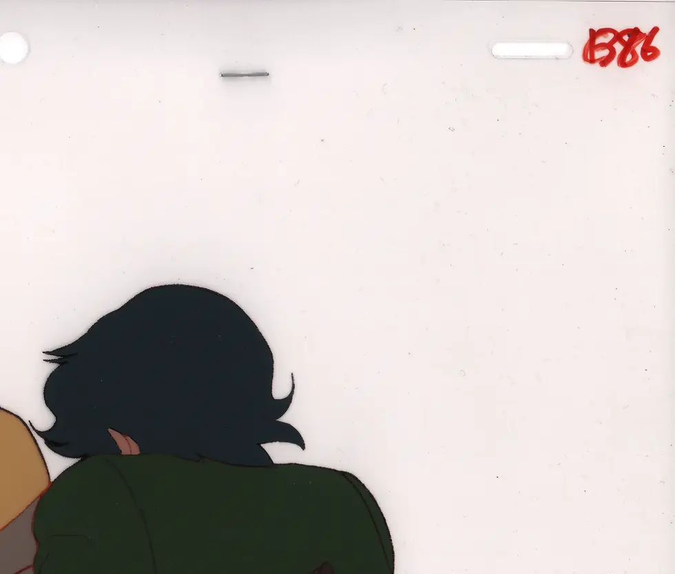 Thumbnail: Upper right detail of the Devilman The Birth production cel showing Akira and Ryo with the B86 cel marking visible.
